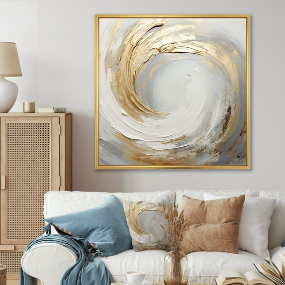 Designart "Vortex Of Gold And White Soft Waves III" Abstract Spirals Floater Framed Wall Art Living Room