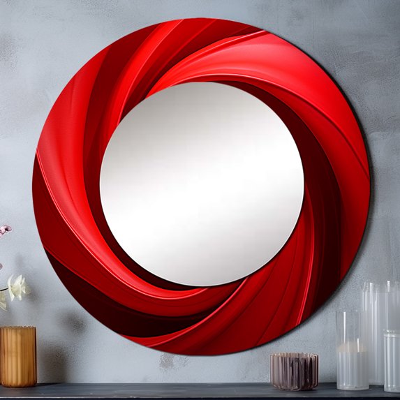 Designart "Vortex Of Red Perpetual Pulse" Abstract Spirals Round Mirror Wall Decor Modern - Large Red Round Office Mirror - Round Mirror - 29" x 29"