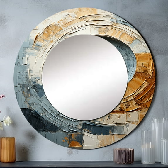Designart "Vortex Of Timeless Turn In Blue And Gold" Abstract Spirals Rund Mirror For Wall Decor - Large Blue Round Print Mirror - Round Modern Mirror - Wall Mounted Round Large Mirror - 36" x 36"