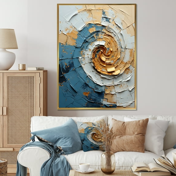 Designart "Vortex Of Timeless Turn In Blue And Gold I" Abstract Spirals Floater Framed Canvas Wall Art