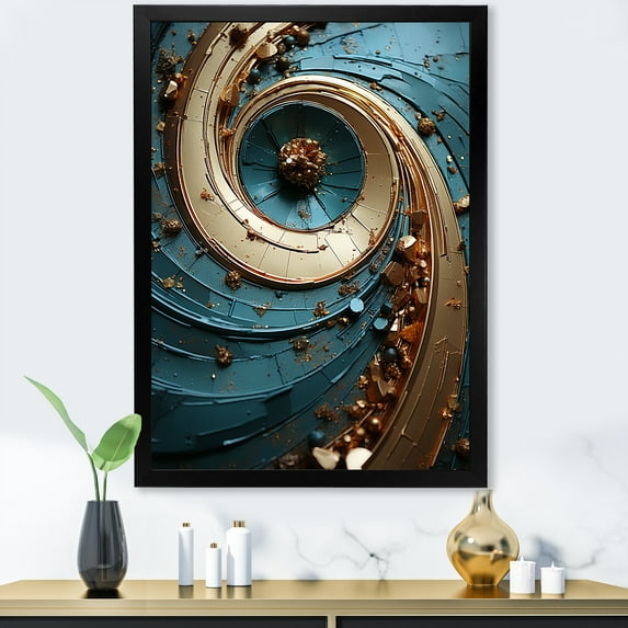 Designart "Vortex Of Timeless Turn In Blue And Gold II" Abstract Spirals Picture Framed Canvas Prints