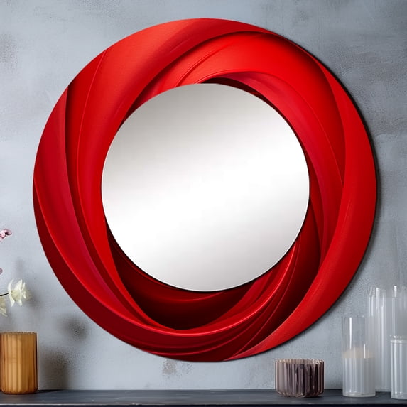 Designart "Vortex of Red Perpetual Pulse I" Abstract Spirals Red Large Round Mirror - Round Office Mirror Wall Decor - Modern Round Printed Mirror - 29" x 29"