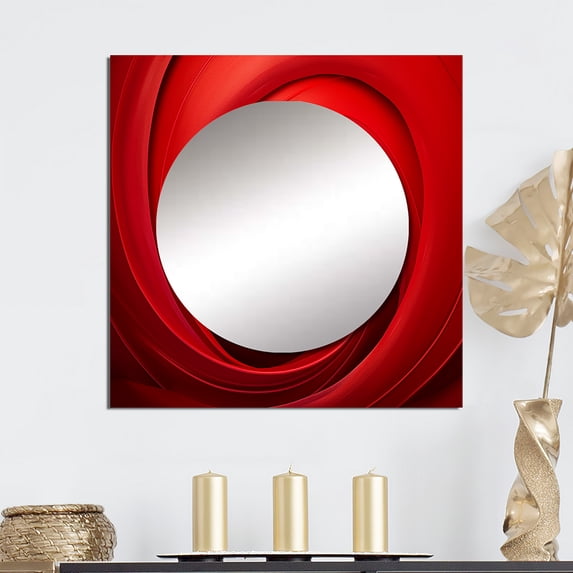 Designart "Vortex of Red Perpetual Pulse I" abstract spirals Square Mirror Wall Decor Modern - Large Red Square Bathroom Mirror - Square Printed Wall Mirror Art