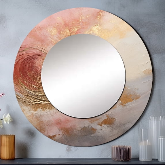 Designart "Vortex Spiral In Gold And Pink Desert Mirage" Abstract Spirals Gold Large Round Mirror - Round Bedroom Mirror Wall Decor - Modern Round Printed Mirror - 23" x 23"