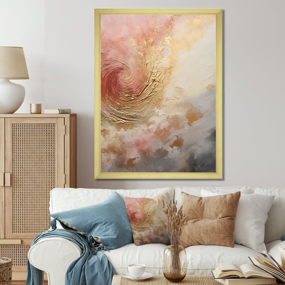 Designart "Vortex Spiral In Gold And Pink Desert Mirage" Abstract Spirals Picture Framed Canvas Prints