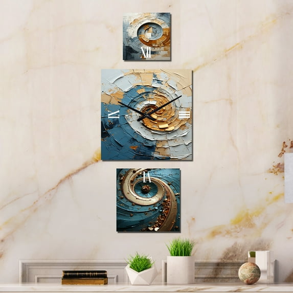 Designart "Vortex of Timeless Turn in Blue and Gold" Abstract Spirals Oversized Wall Clock - Set Of 3 - Multipanel Contemporary Clock For Living Room Décor - Large Vertical Clock