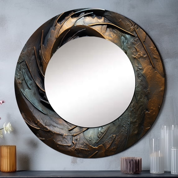 Designart "Vortex of Whirling Wisdom in Bronze I" Abstract Spirals Grey Large Round Mirror - Round Office Mirror Wall Decor - Modern Round Printed Mirror - 23" x 23"