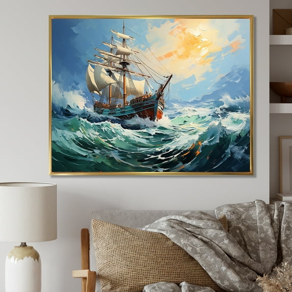 Designart "Voyage of the Pirate Boat Odyssey III" Fashion Framed Wall Art - Glam Blue Classics Entryway Framed Wall Art Print