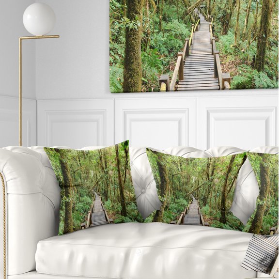 Designart Walk Way in Deep Forest - Landscape Photo Throw Pillow - 16x16
