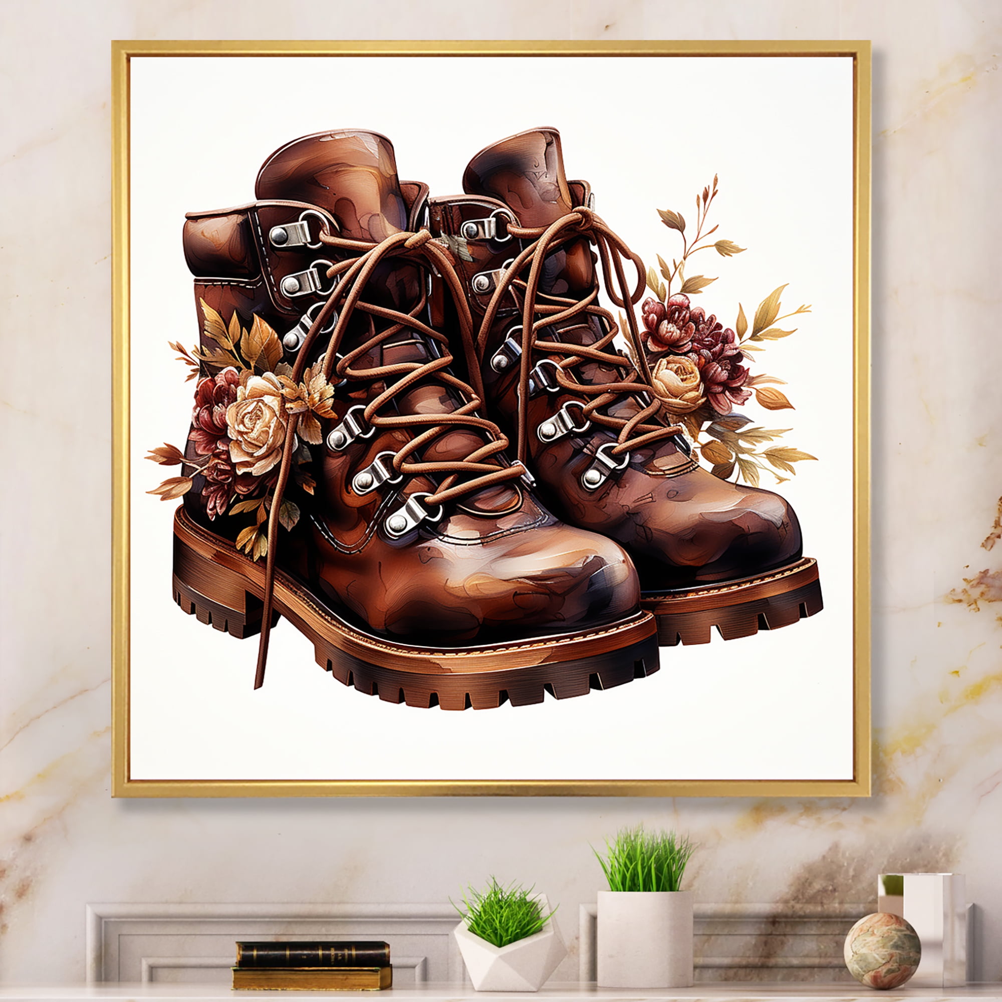 Designart "Walking in Brown Flower Boots" People Framed Wall Art