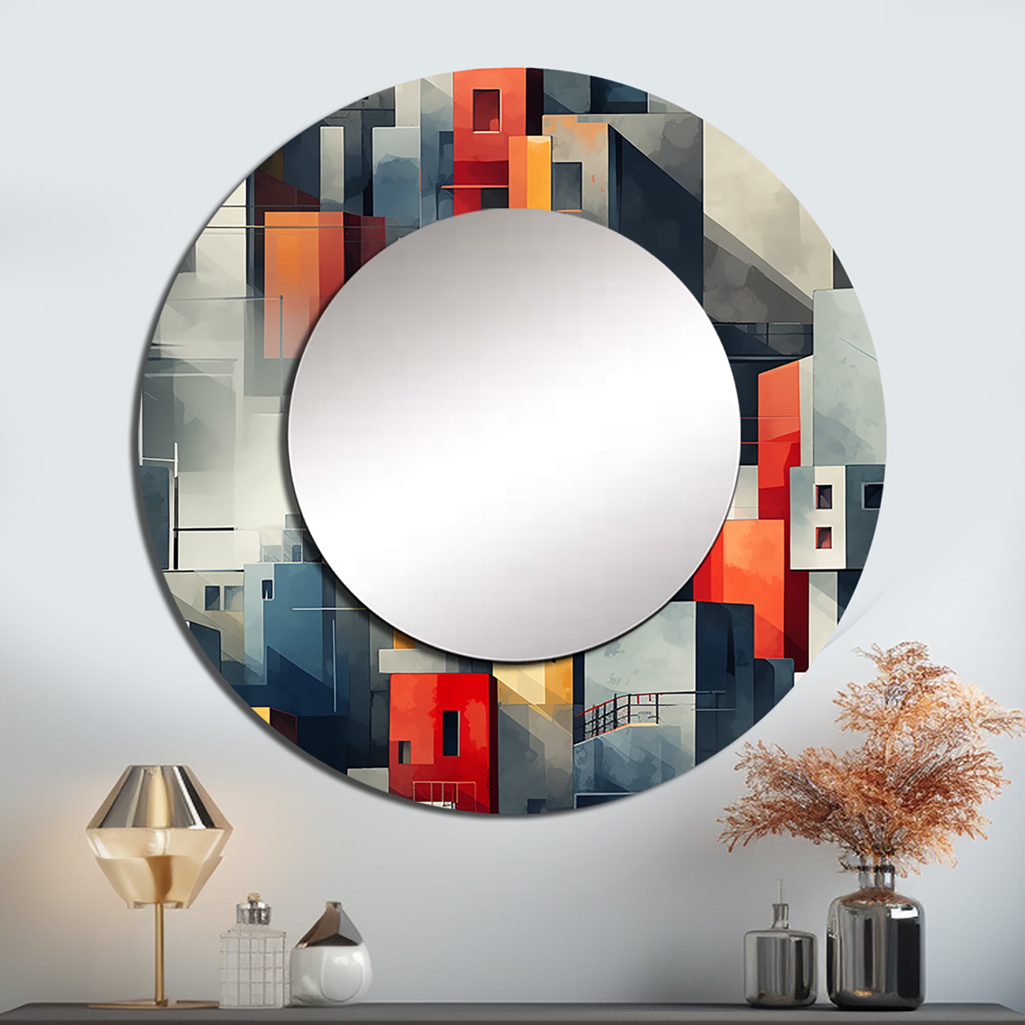 Designart "Wall Pattern With Grey Cubic Stripes" Striped Round Mirror
