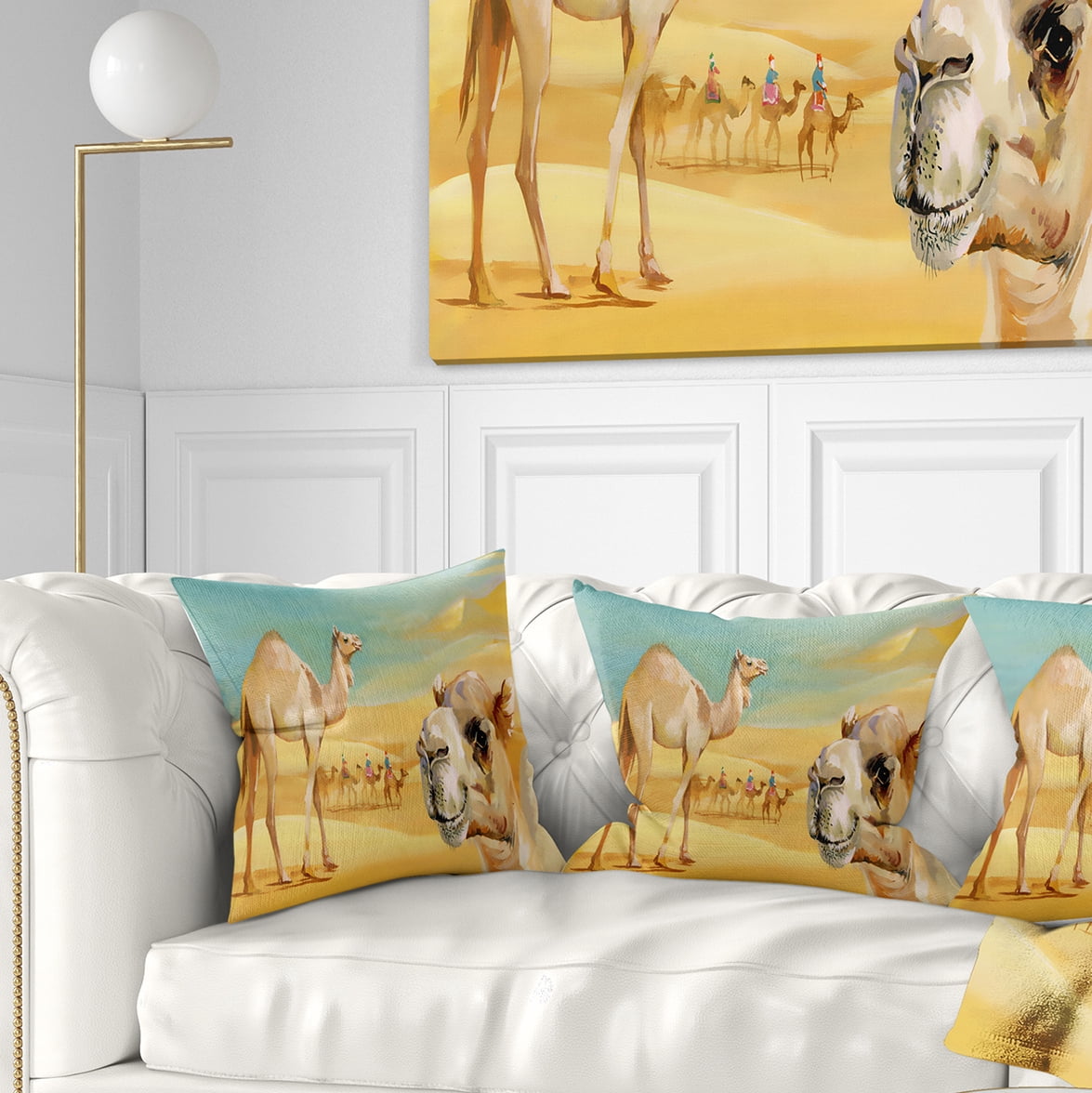 Designart Wandering Camels in Desert - Watercolor Animal Throw Pillow - 18x18