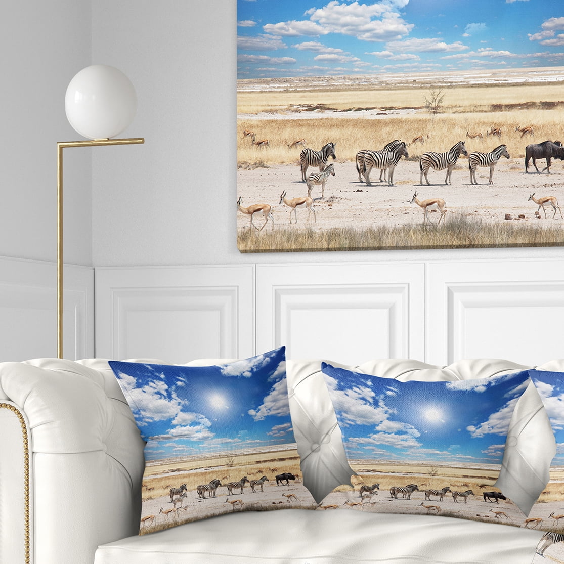 Designart Wandering Zebras under Bright Sky - Landscape Printed Throw Pillow - 18x18