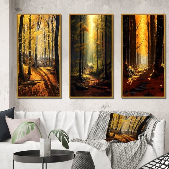 Designart "Warm Autumn Sunlight Illuminating the Forest I" Forest Framed Wall Art Set Of 3 - Yellow Traditional Frame Gallery Set For Office Decor