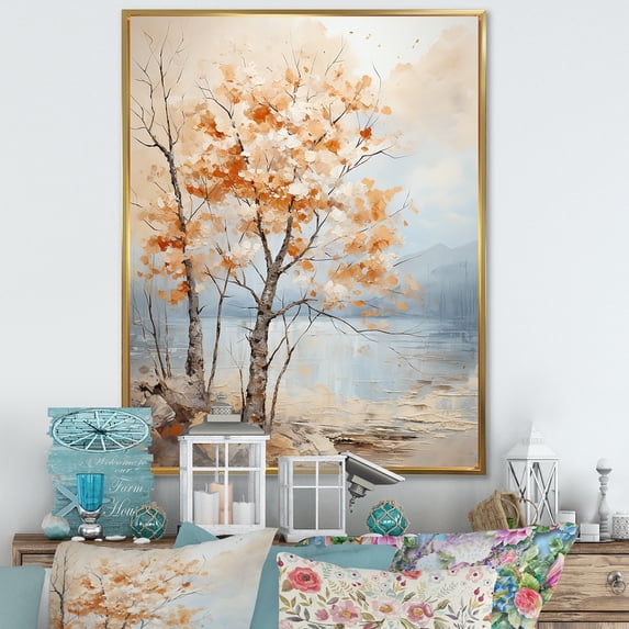 Designart "Warm Beige Maple Elegance II" Tree Maple Floater Framed Wall Decor