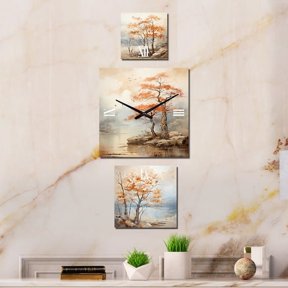 Designart "Warm Beige Maple Elegance" Trees Oversized Traditional Clock - Set Of 3 - Extra large Clock For Office Décor - Large Vertical Clock
