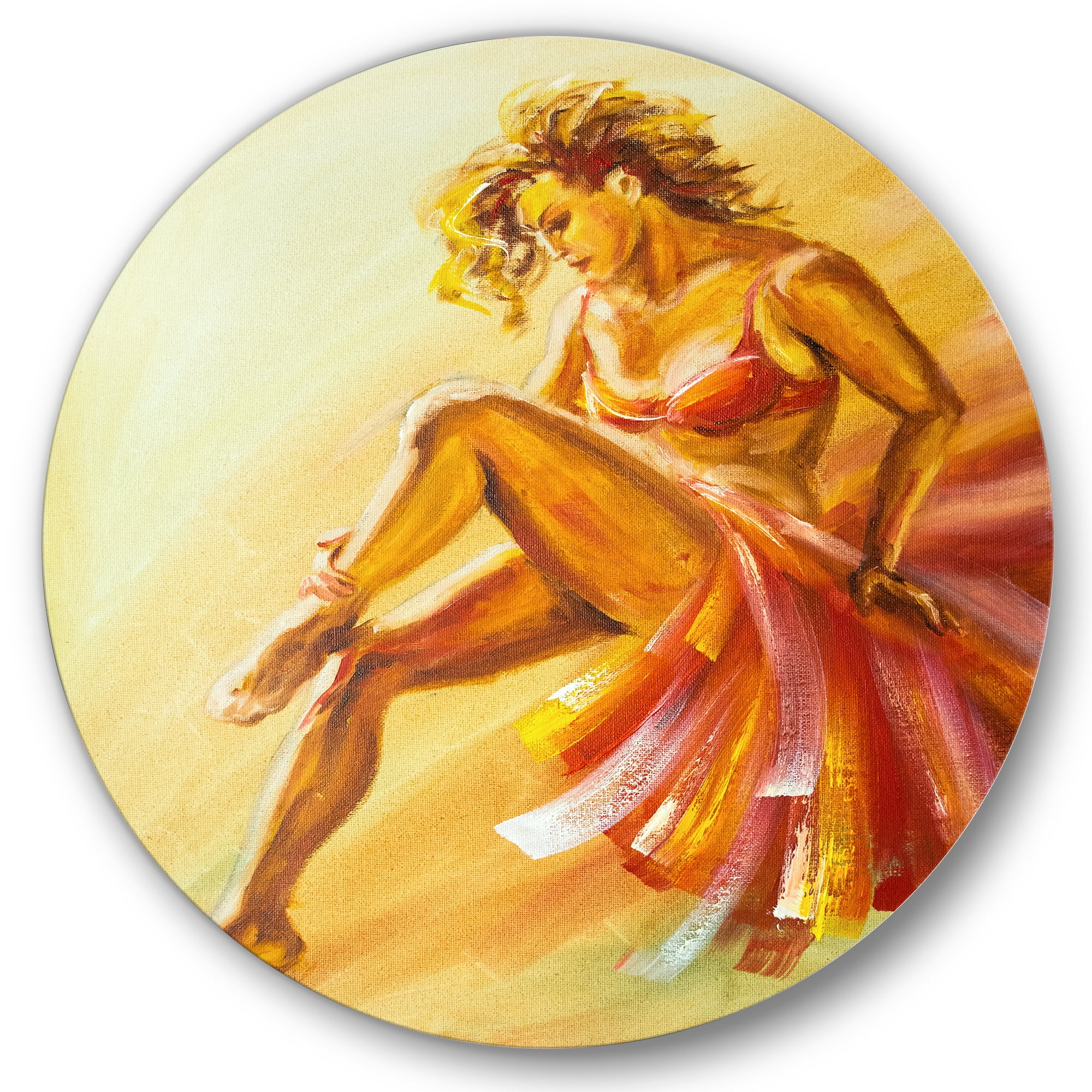 Designart 'Warm Coloured Flamenco Woman Dancer' Modern Circle Metal Wall Art 36x36 - Disc of 36