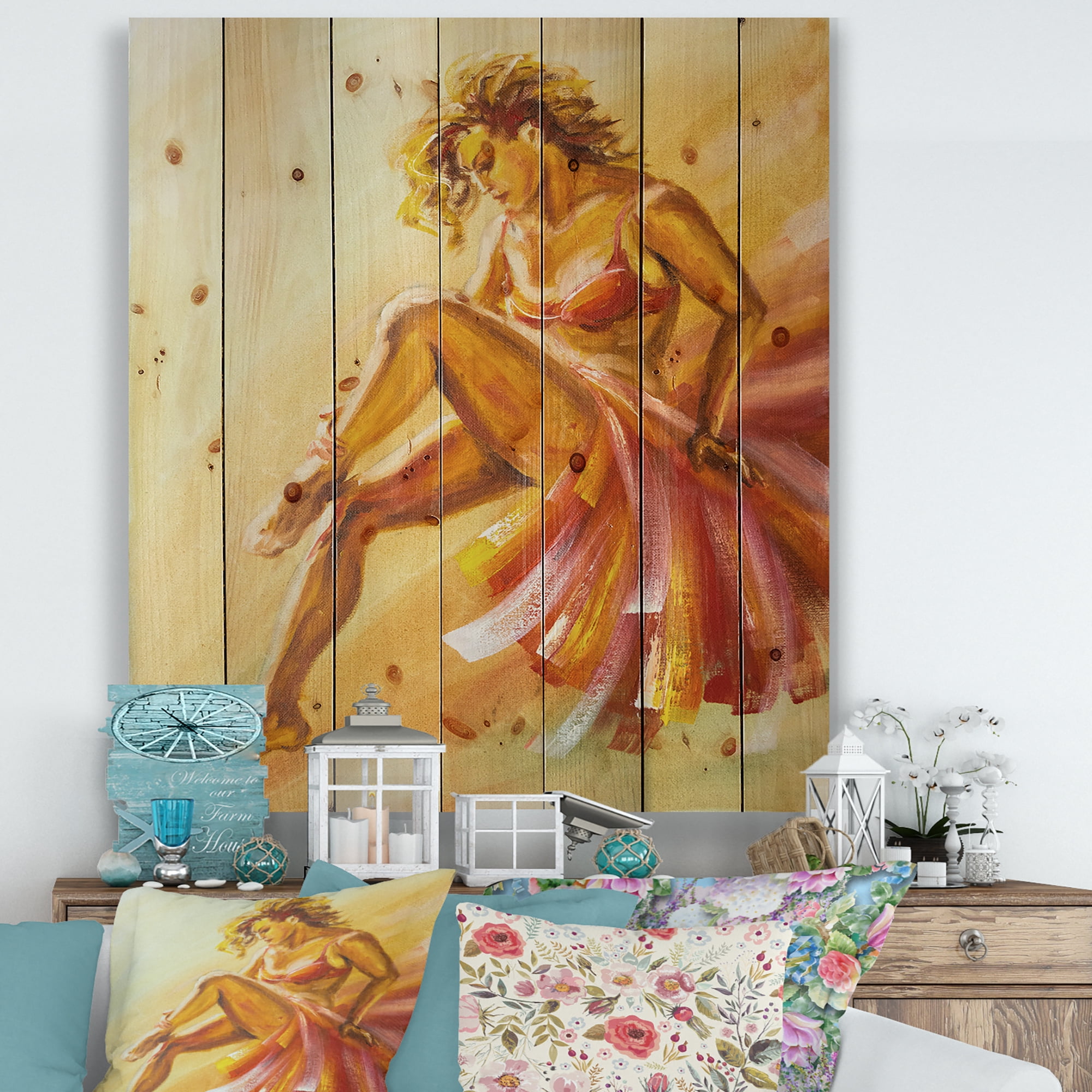Designart 'Warm Coloured Flamenco Woman Dancer' Modern Print on Natural Pine Wood