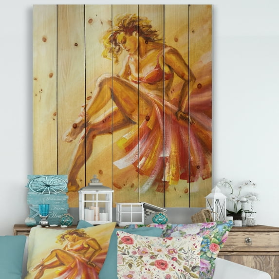 Designart 'Warm Coloured Flamenco Woman Dancer' Modern Print on Natural Pine Wood