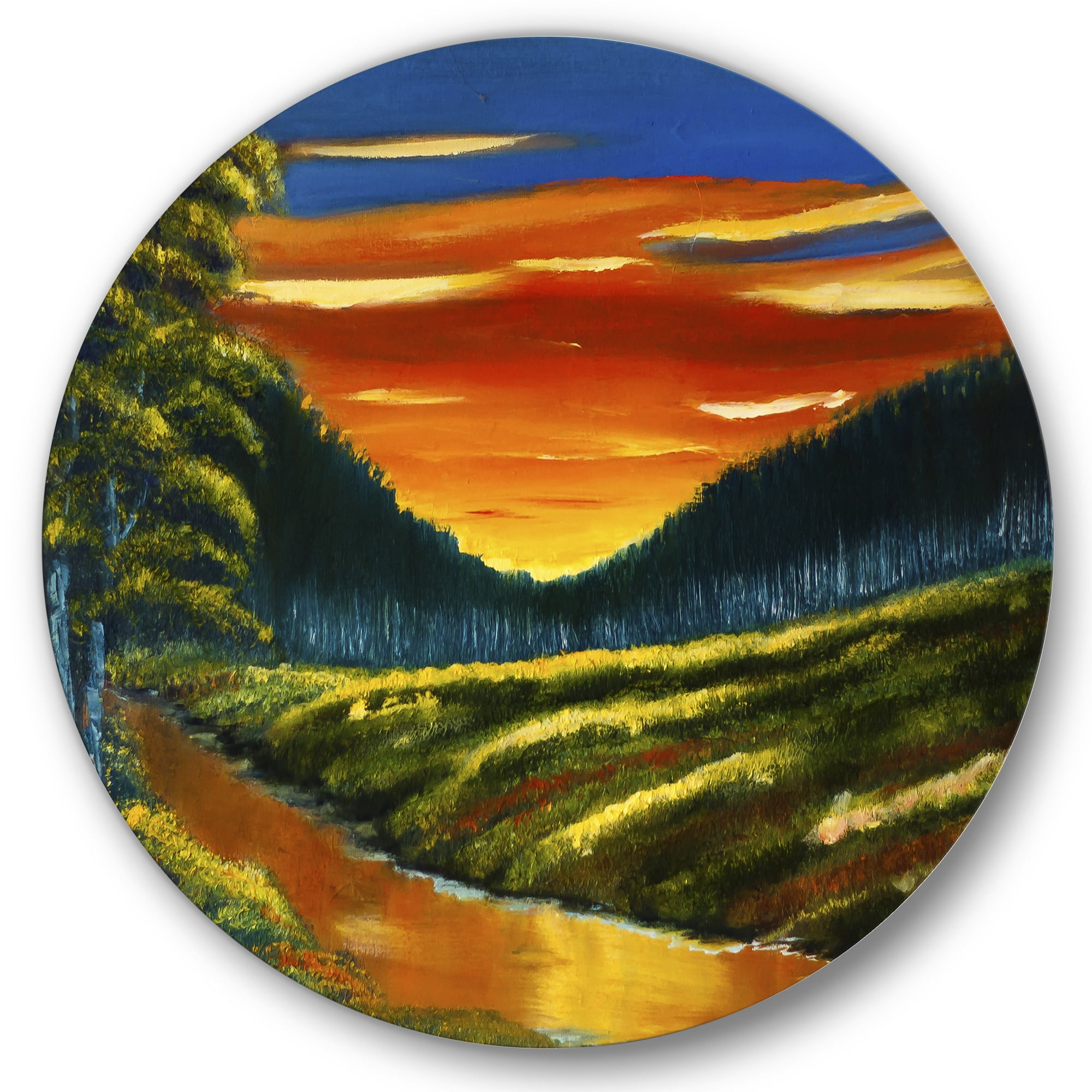 Designart 'Warm Coloured Sunset Glow Above The Lotus Swamp' Traditional Circle Metal Wall Art 23x23 - Disc of 23