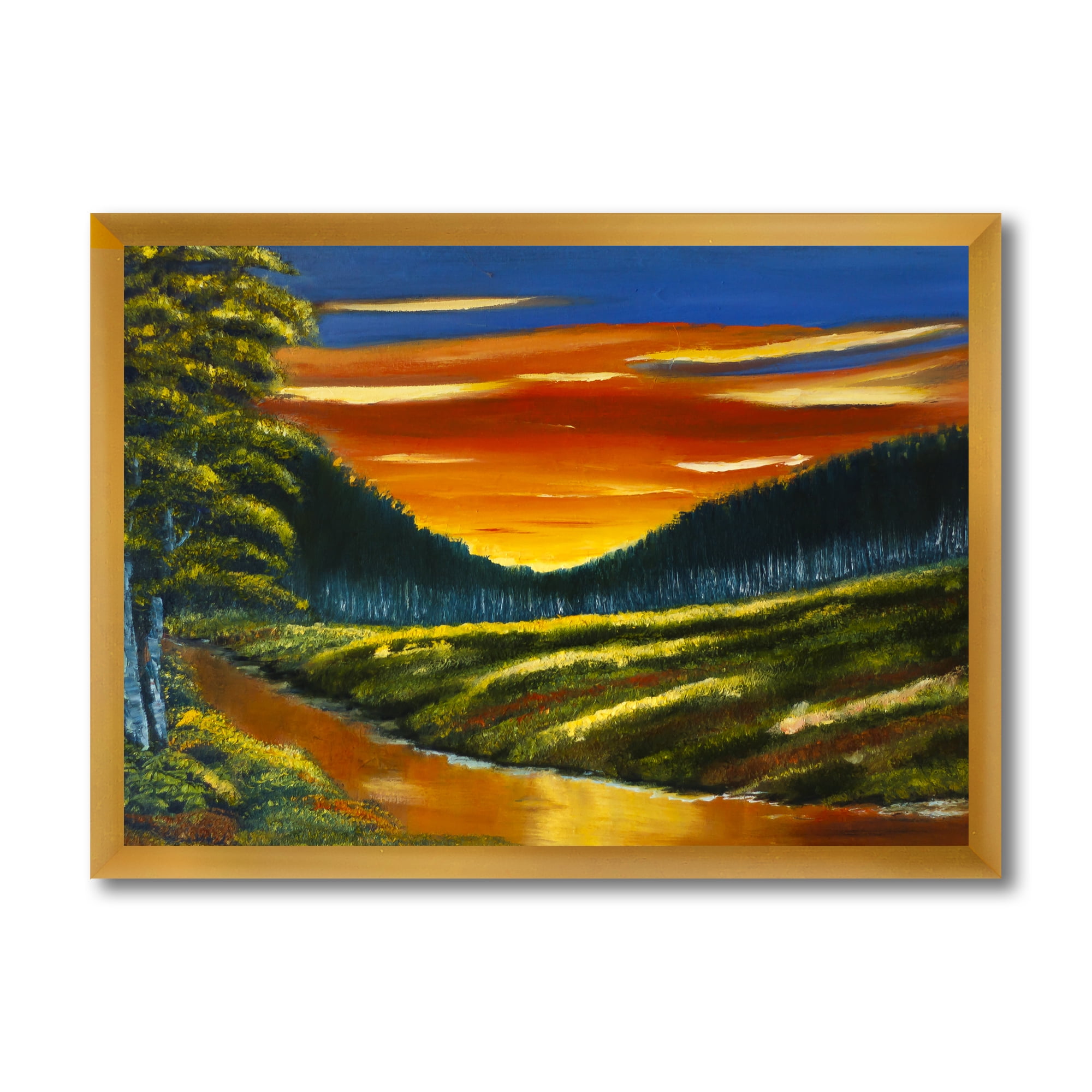 Designart 'Warm Coloured Sunset Glow Above The Lotus Swamp' Traditional Framed Art Print