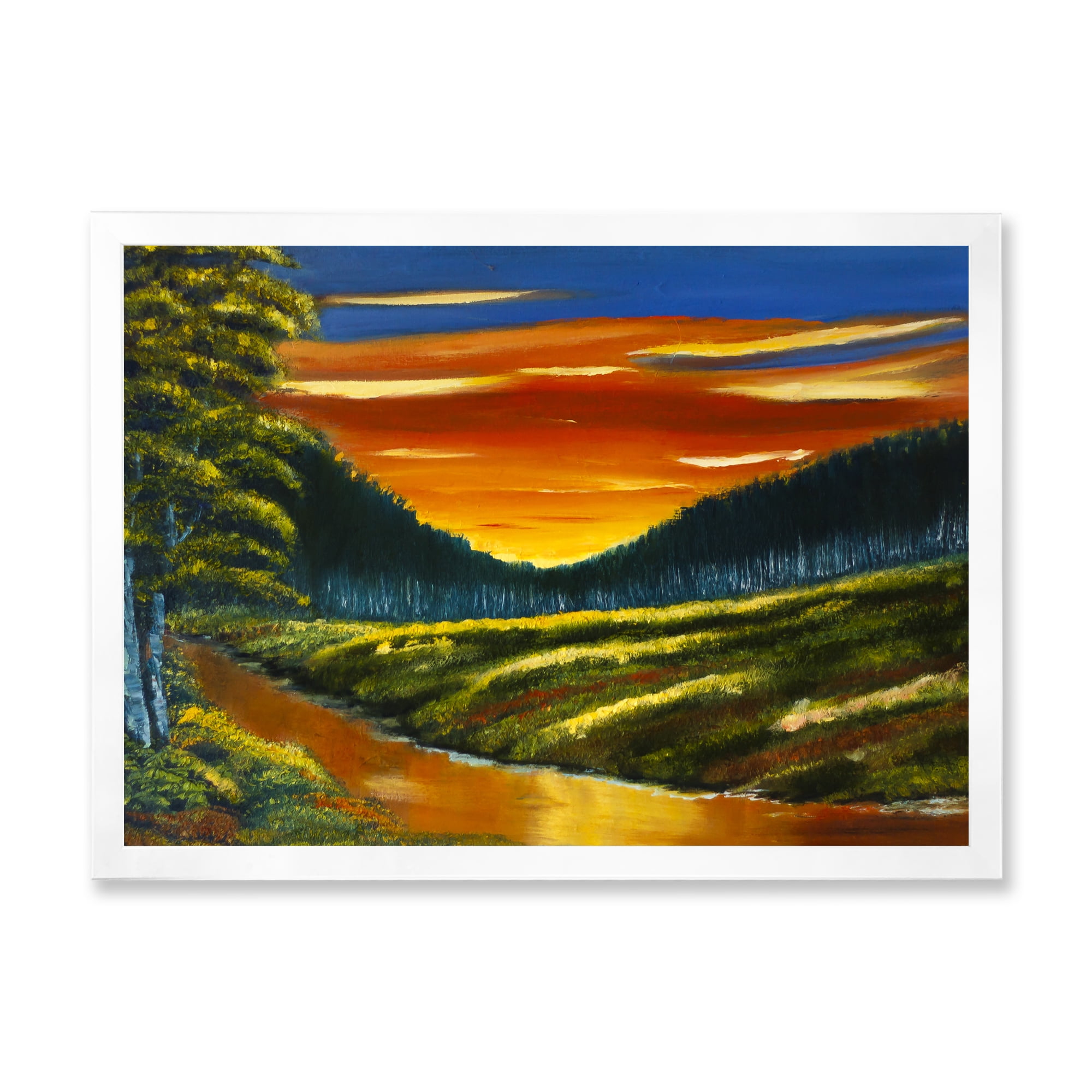 Designart 'Warm Coloured Sunset Glow Above The Lotus Swamp' Traditional Framed Art Print