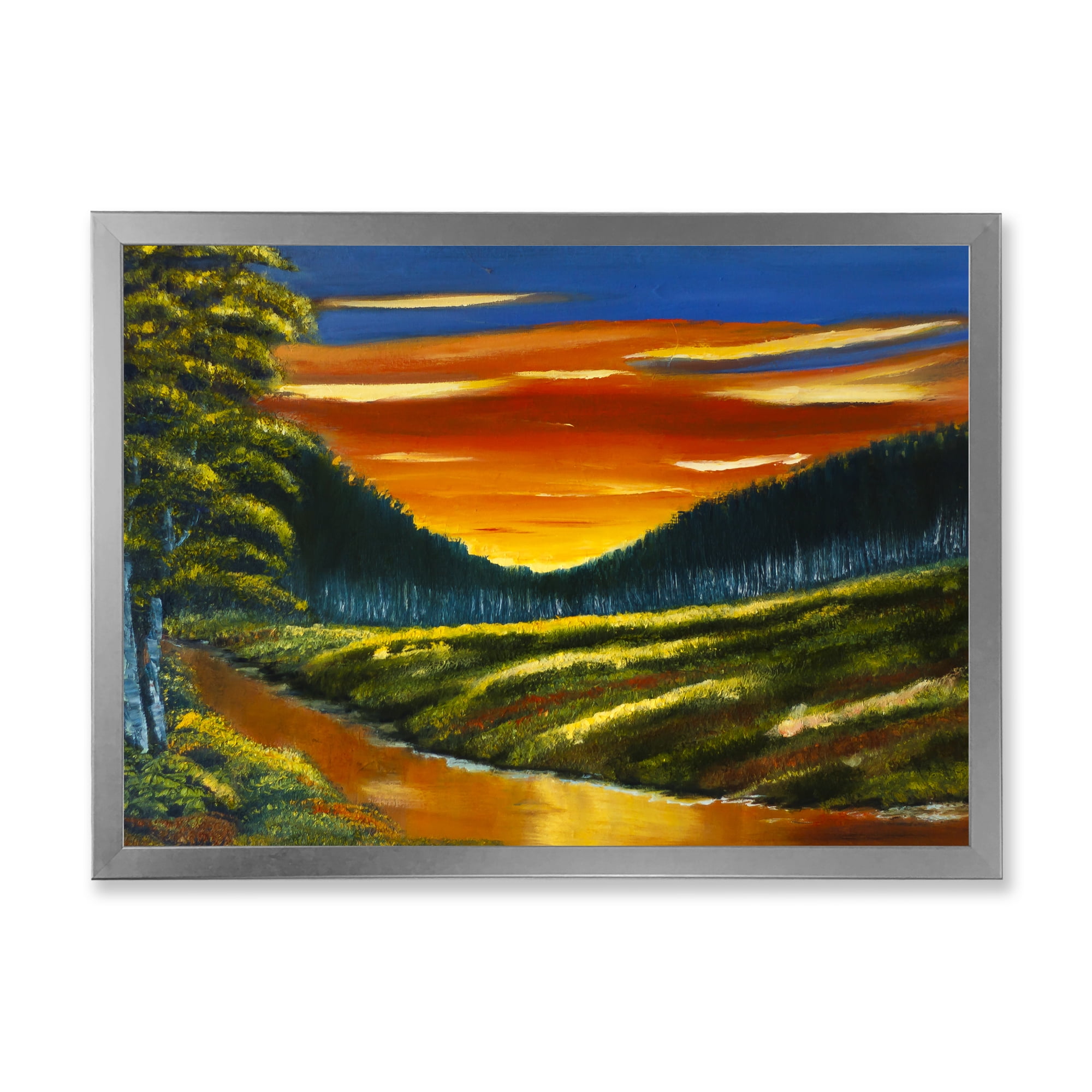 Designart 'Warm Coloured Sunset Glow Above The Lotus Swamp' Traditional Framed Art Print