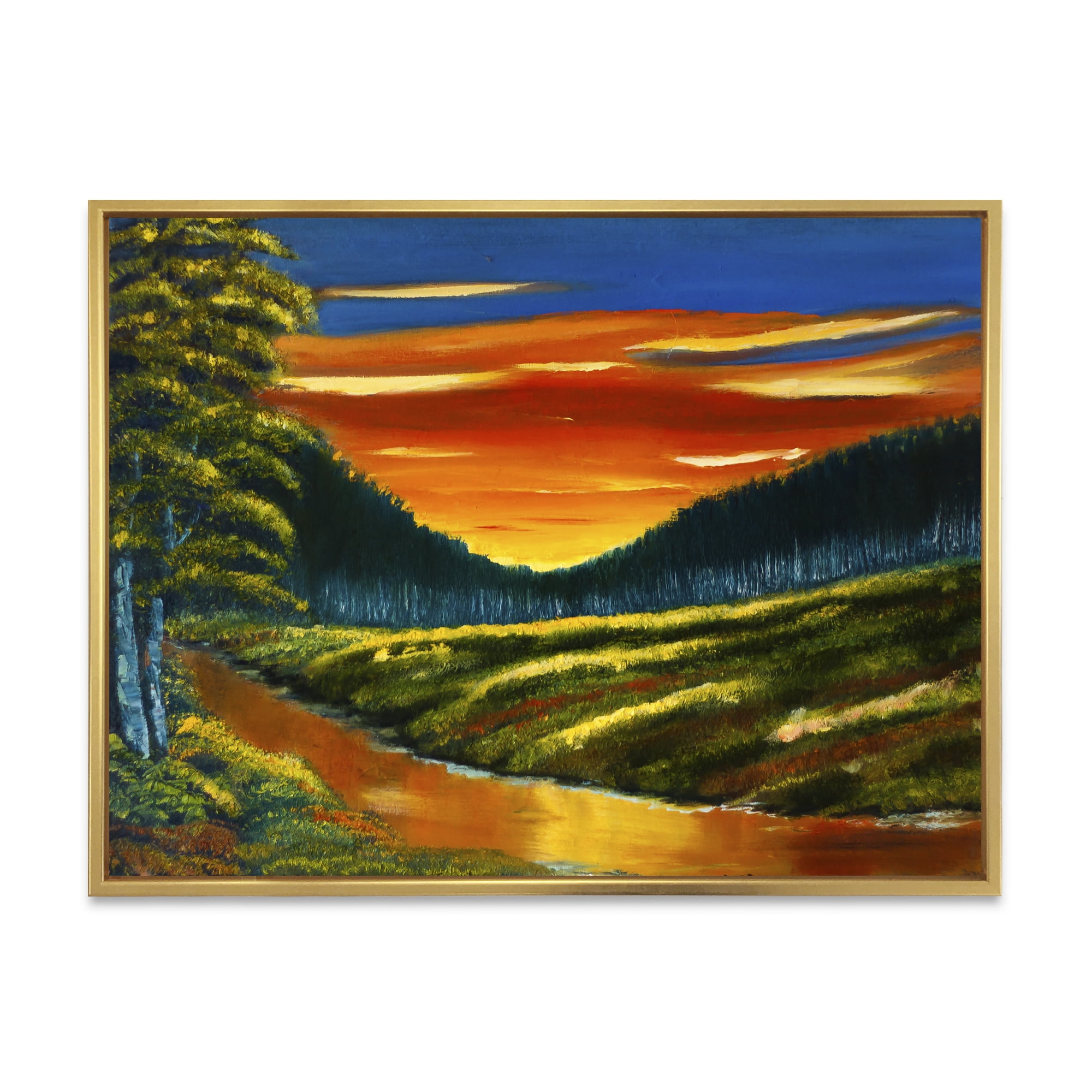 Designart 'Warm Coloured Sunset Glow Above The Lotus Swamp' Traditional Framed Canvas Wall Art Print