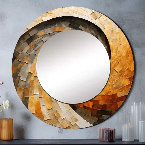 Designart "Warm Earthy Pottery Spirals" Abstract Spirals Rund Mirror For Wall Decor - Large Beige Round Print Mirror - Round Modern Mirror - Wall Mounted Round Large Mirror - 36" x 36"