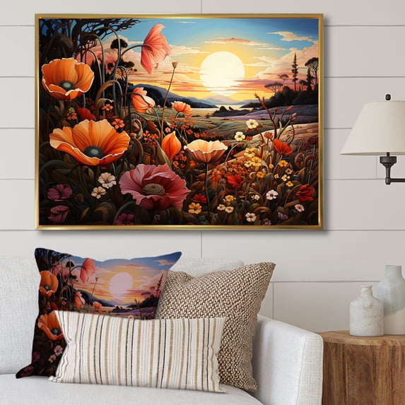 Designart "Warm Embrace Of Orange Crimson Flowers I" Flower Floater Framed Wall Art Living Room