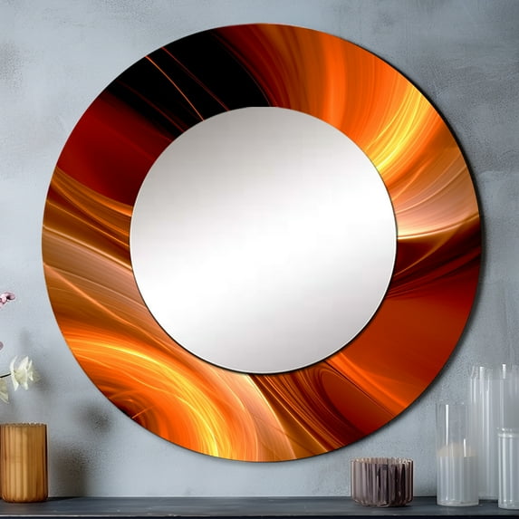 Designart "Warm Fractal Design in Orange II" Fractals Rund Mirror For Wall Decor - Large Orange Round Printed Mirror - Contemporary Round Mirror 29" x 29" Inch