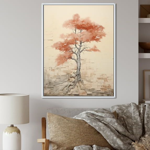 Designart "Warm Redwood In Red And Beige" Tree Redwood Floater Framed Canvas Wall Art