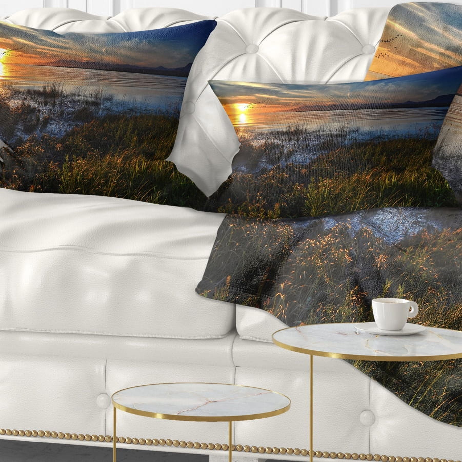 Designart Warm River Sunset With Migrating Geese - Landscape Printed Throw Pillow - 12x20
