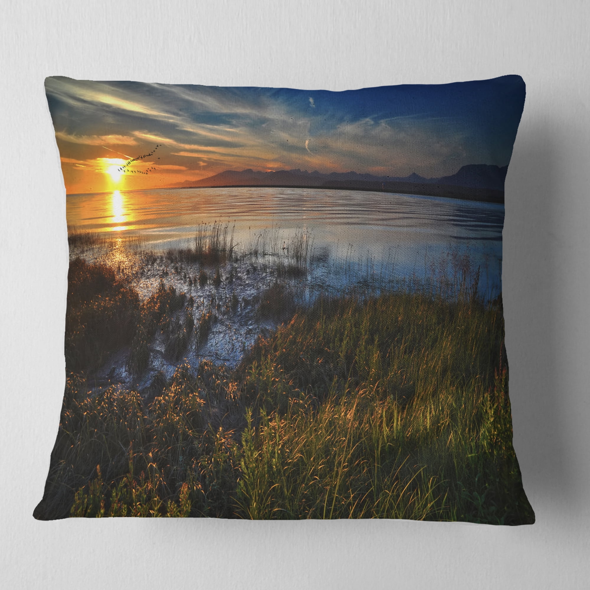 Designart Warm River Sunset With Migrating Geese - Landscape Printed Throw Pillow - 16x16