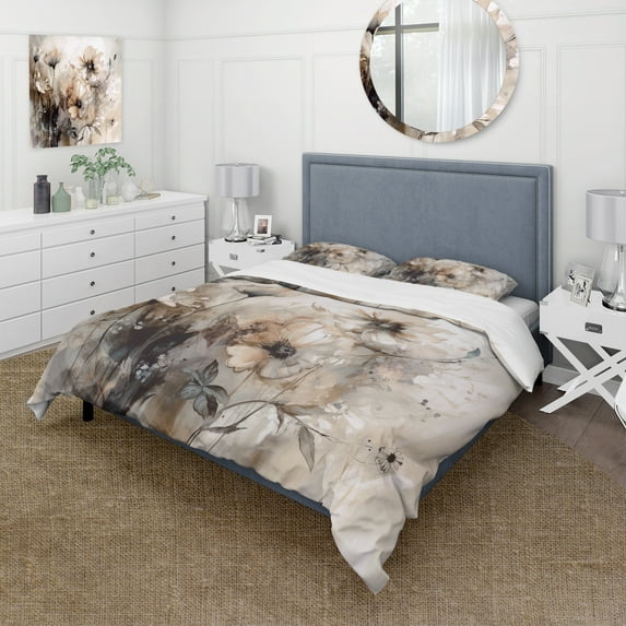 Designart "Warm and Delicate Floral Impressions" Floral Bedding Covert Set - Traditional Brown Bed Set With 2 Shams
