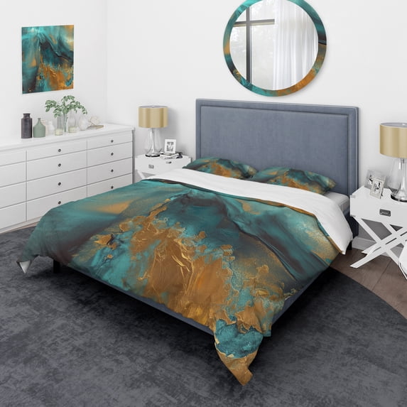 Designart "Warmth of Mediterranean Sunlight II" Abstract Bedding Covert Set - Modern Teal Bed Set With 2 Shams