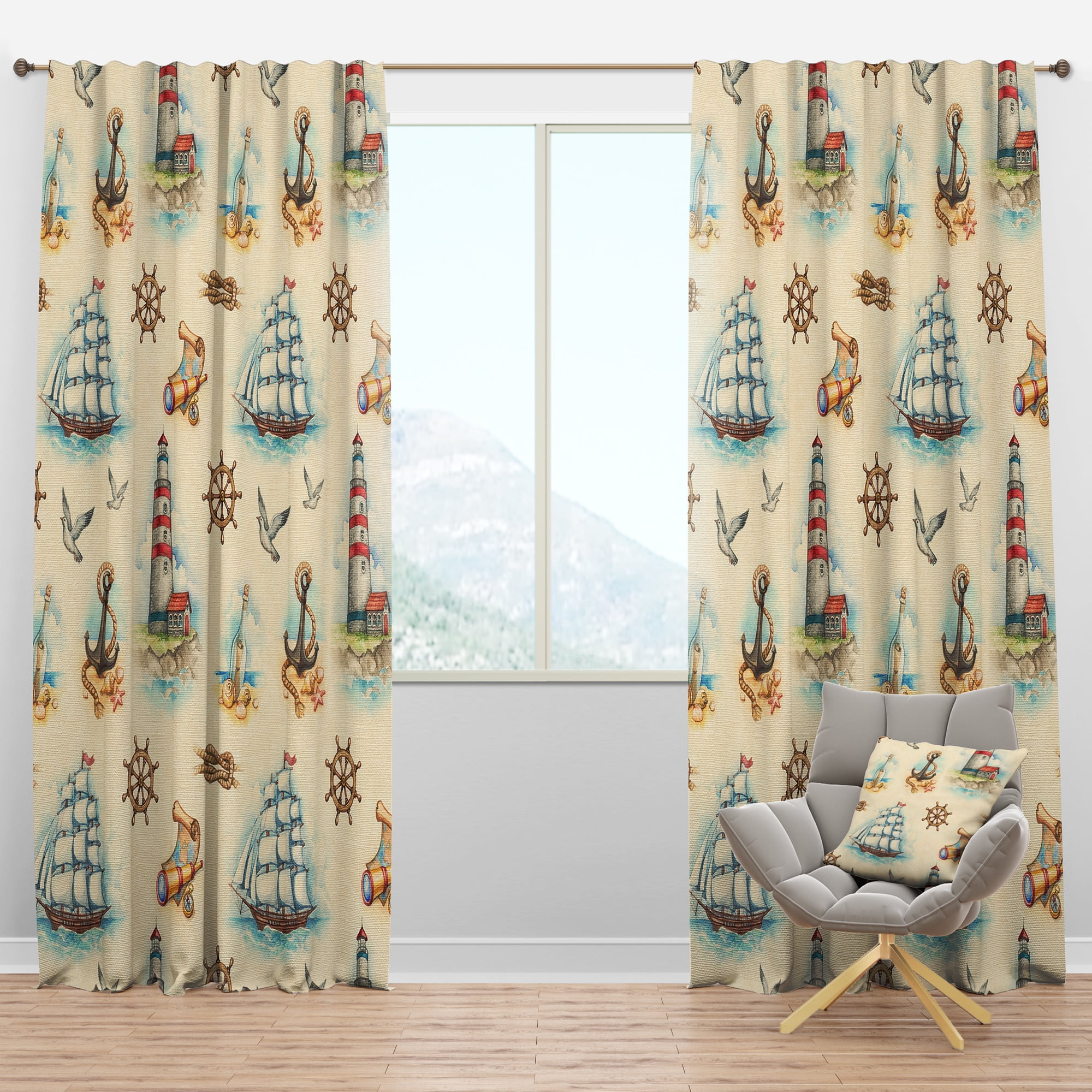 Designart 'Watch Tower Sail Boat Binocular' Coastal Blackout Curtain Panel