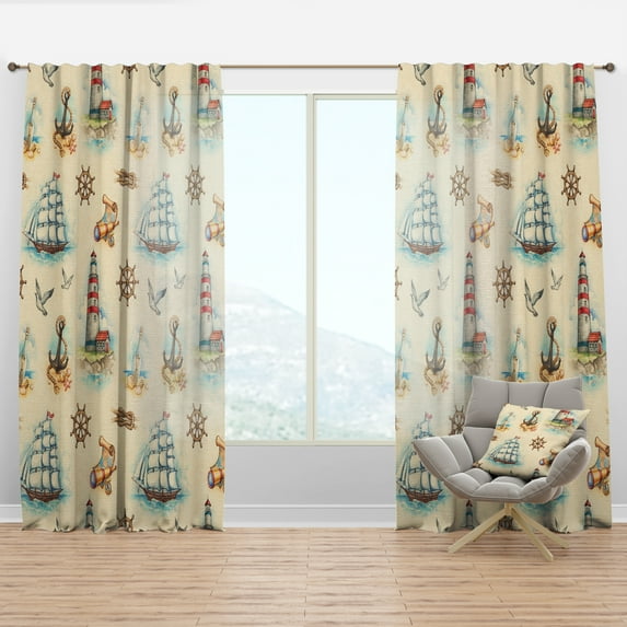 Designart 'Watch Tower Sail Boat Binocular' Coastal Curtain Panel