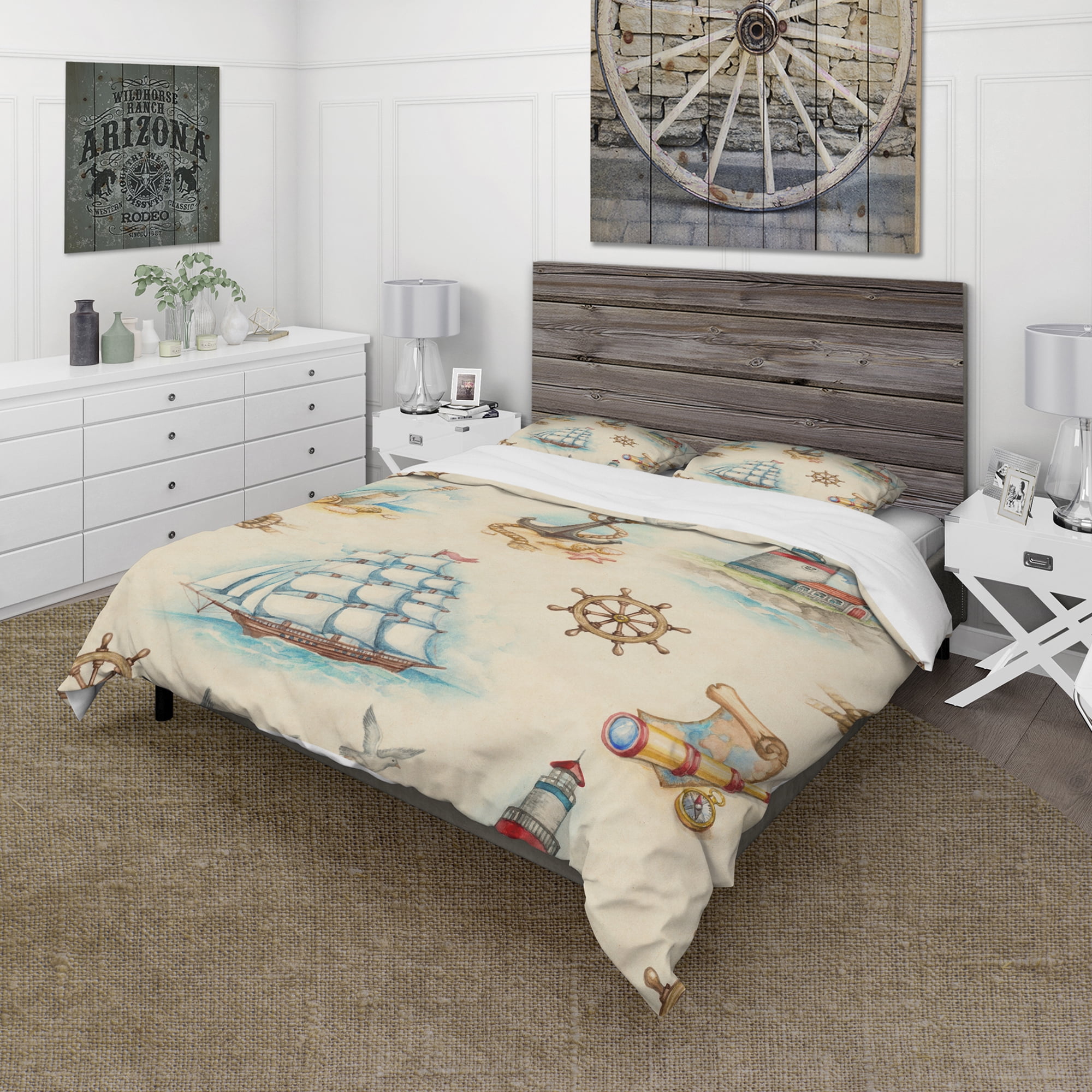 Designart 'Watch tower, binocular, sail boat' Coastal Duvet Cover Set
