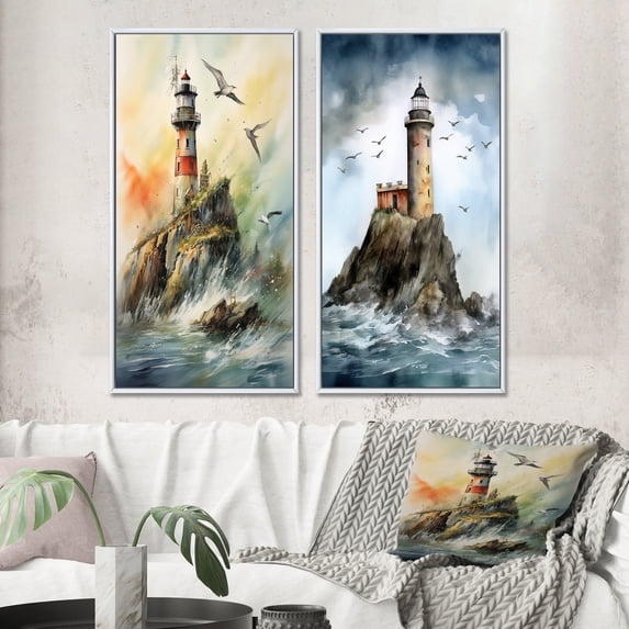 Designart "Watchtower Overlooking the Ocean V" Beach Framed Wall Art Set Of 2 - Green Beach Framed Canvas Set For Living Room Decor