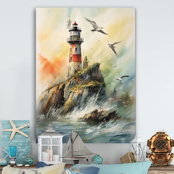 Designart "Watchtower Overlooking the Ocean V" Coastal Metal Wall Art