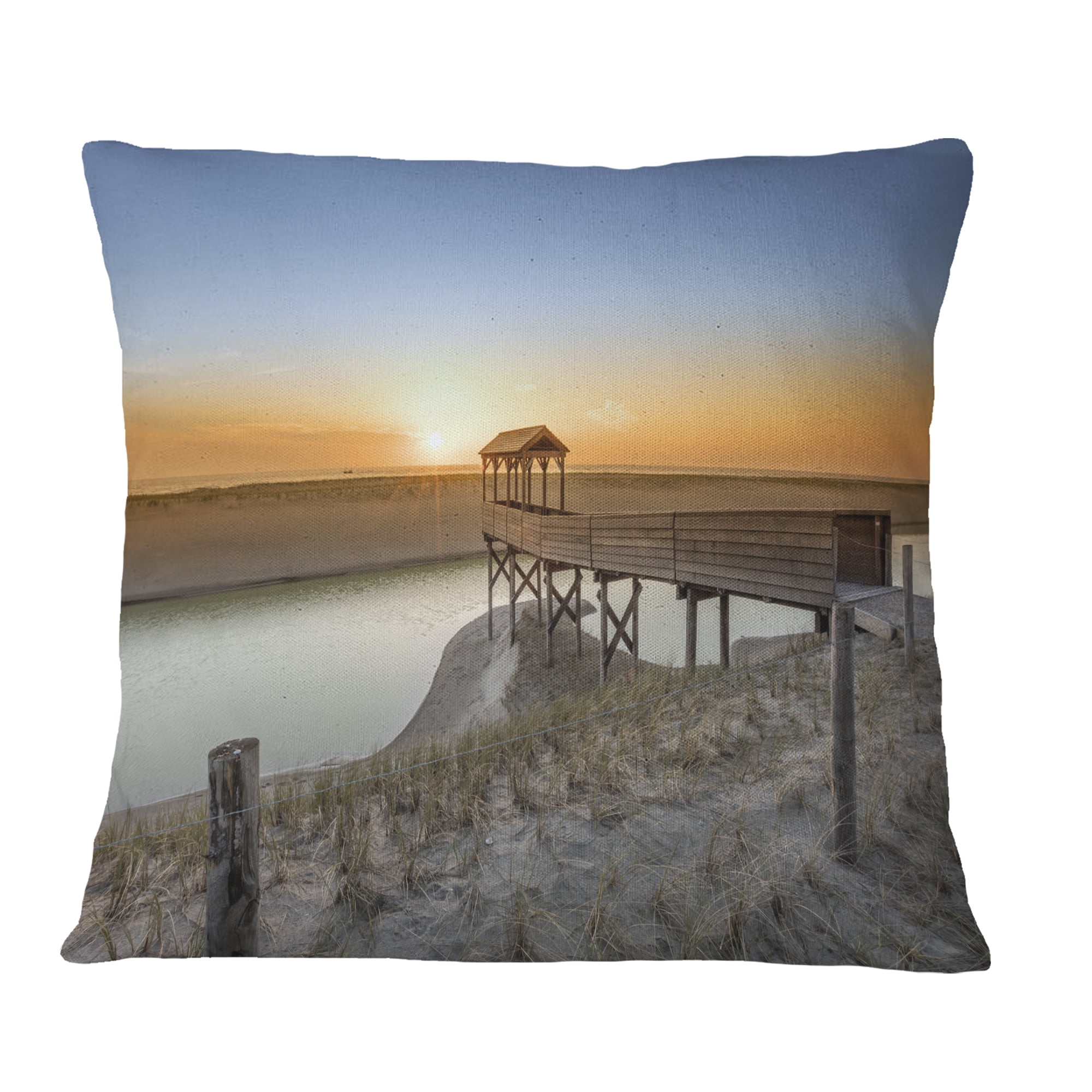 Designart Watchtower at North Sea Dunes - Landscape Printed Throw Pillow - 16x16