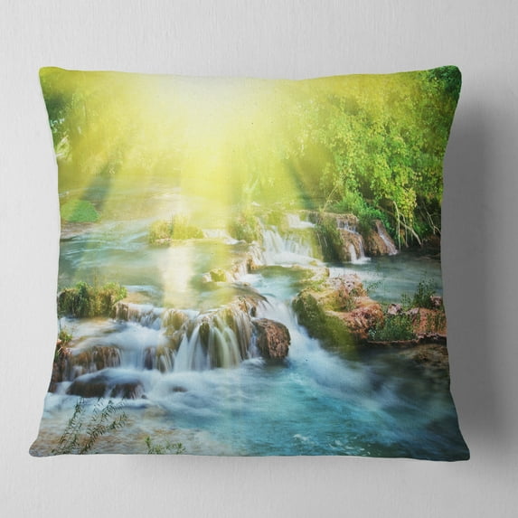 Designart Water Cascade under Shiny Sun - Modern Beach Throw Pillow - 16x16