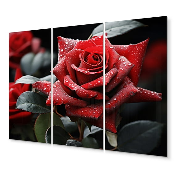 Designart "Water Drops On Red Rose I" Floral Art Living Room Set