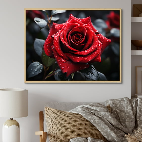 Designart "Water Drops On Red Rose II" Floral Floater Framed Wall Art Print