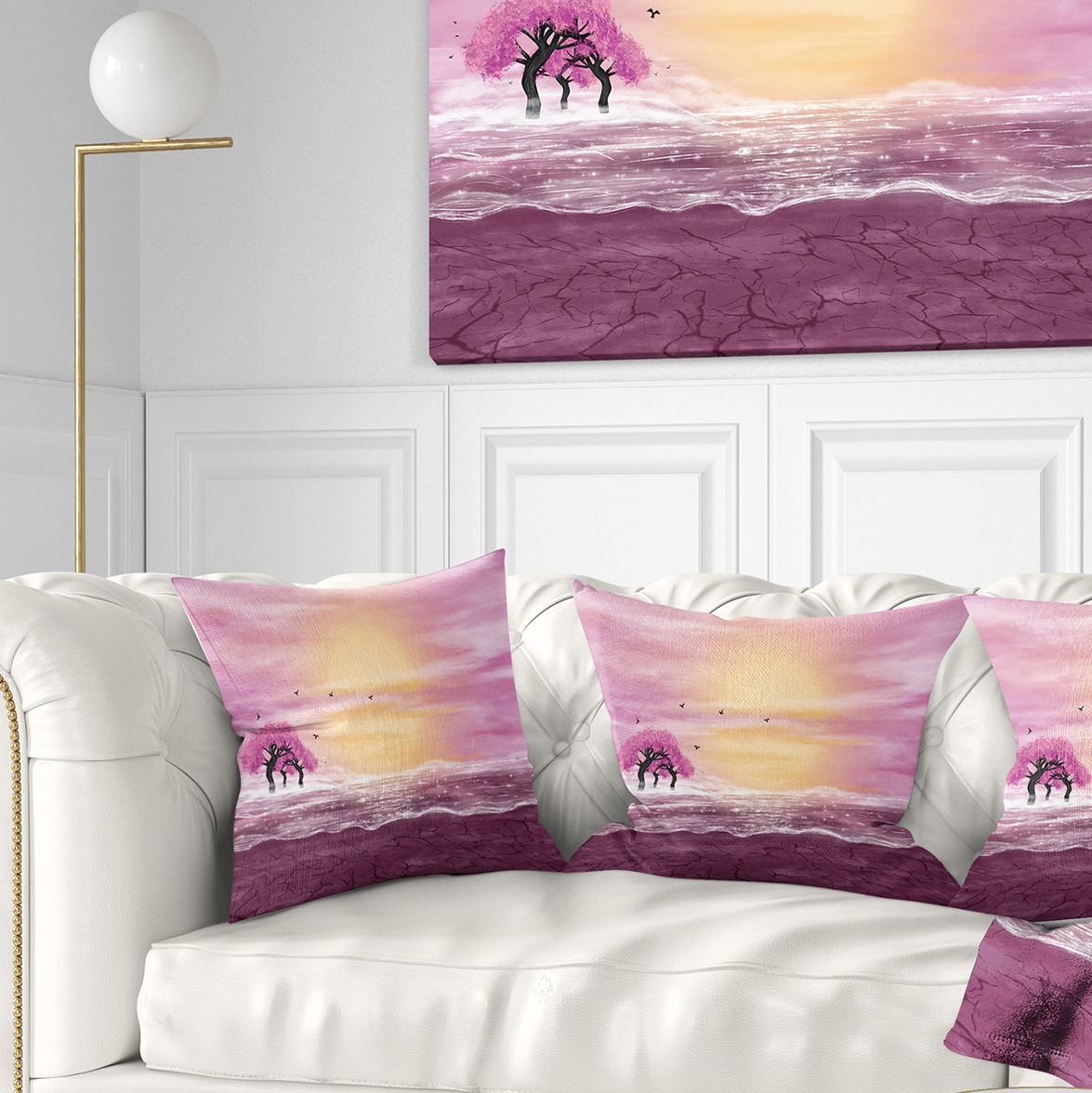 Designart Water and Pink Trees in Desert - Landscape Printed Throw Pillow - 18x18