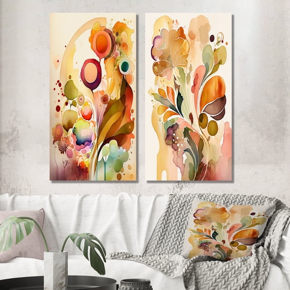 Designart "Watercolor Blooms Autumn Flowers VI" Abstract Botanicals Wall Art Set Of 2 - Modern Brown Canvas Set For Living Room Decor