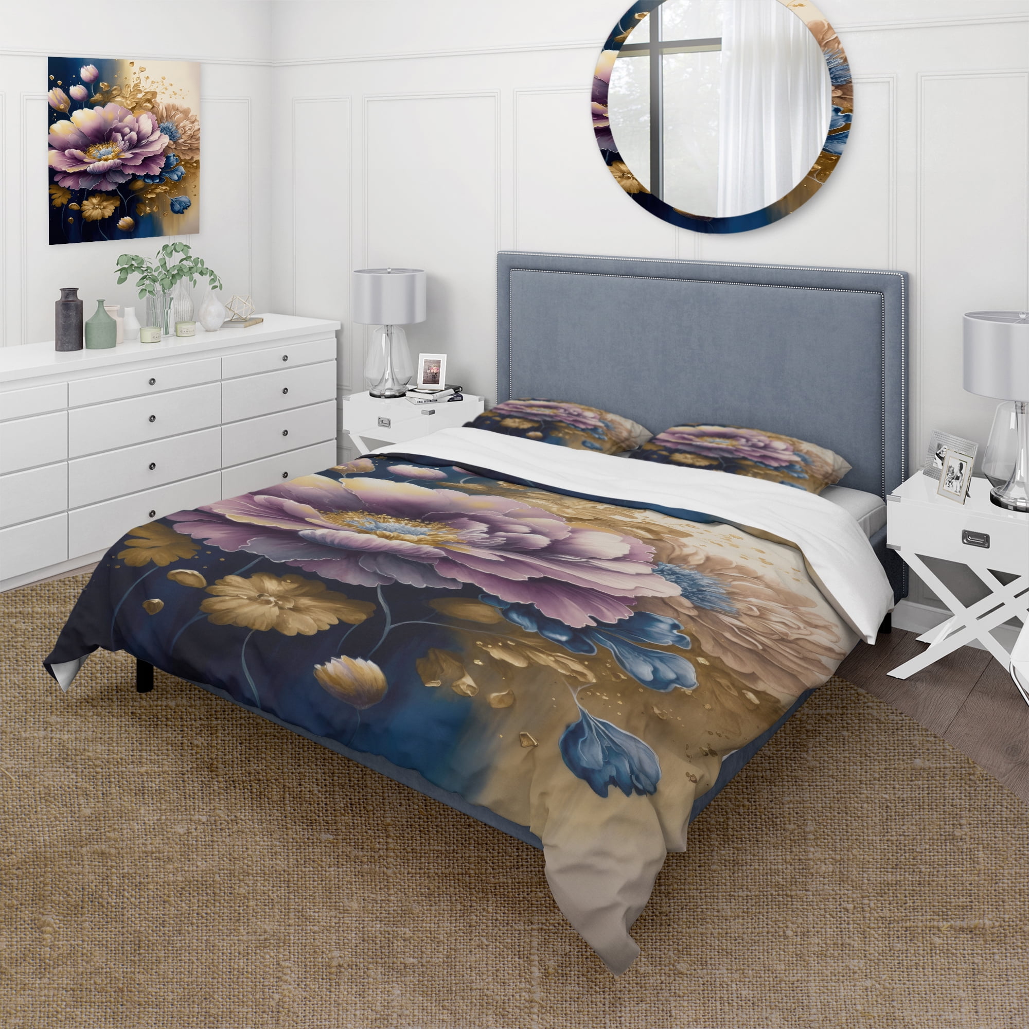 Twin Purple and Blue Watercolor Floral Microfiber Bedding Set