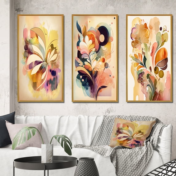 Designart "Watercolor Blossoming Autumn Flowers IV" Abstract Botanicals Framed Wall Art Set Of 3 - Brown Modern Frame Canvas Set For Living Room Decor