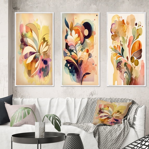 Designart "Watercolor Blossoming Autumn Flowers IV" Abstract Botanicals Framed Wall Art Set Of 3 - Brown Modern Frame Canvas Set For Living Room Decor